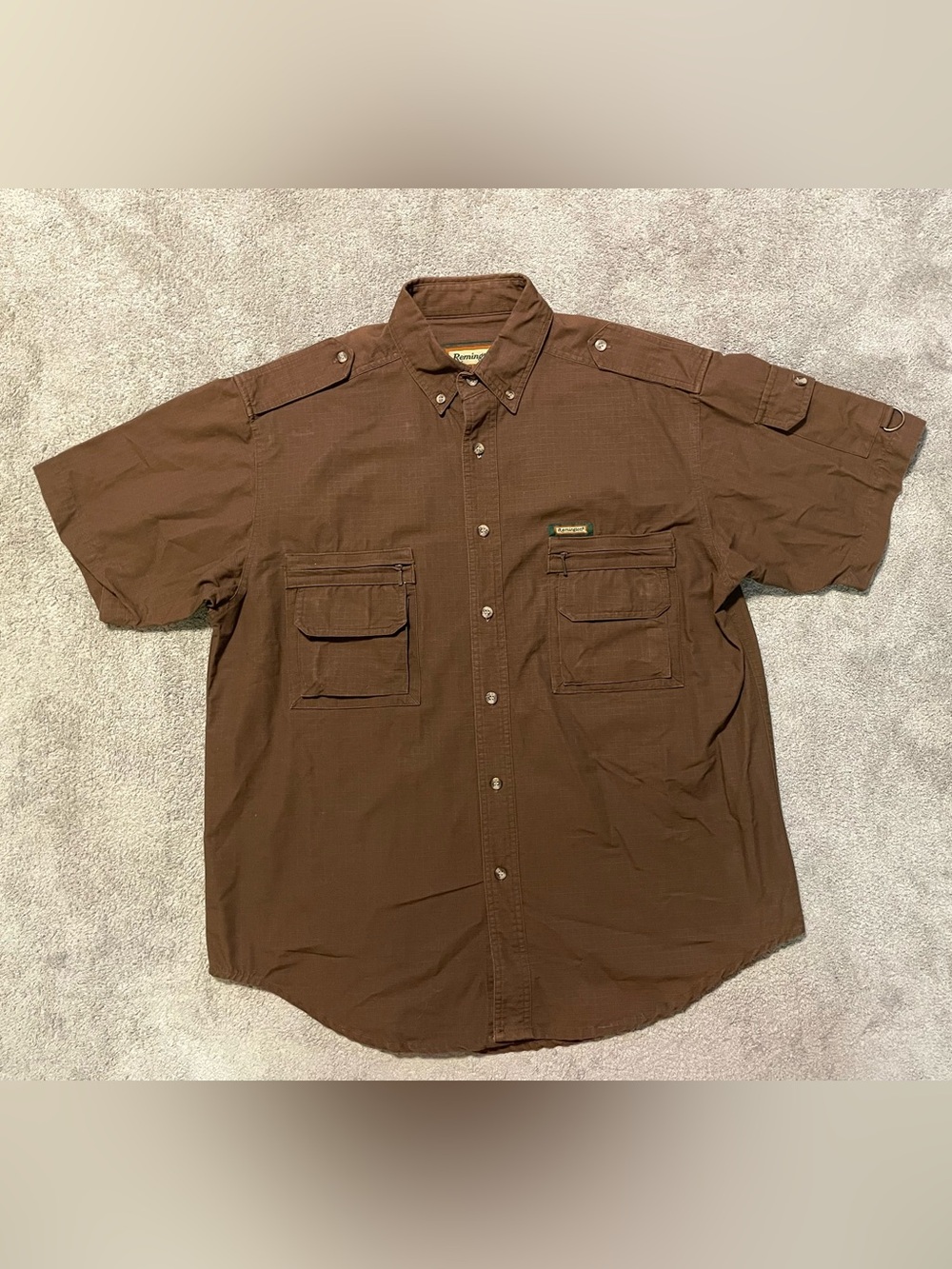 Remington Twill Button Down Shirt Mens L 42-44 Brown Ripstop Outdoor